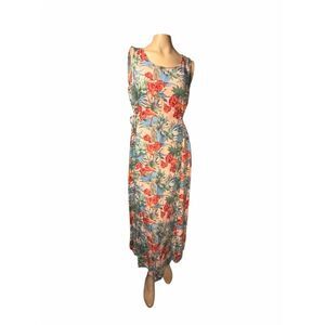 Teddi Tropical Floral Dress Women's Medium Pink Sleeveless Tie Waist